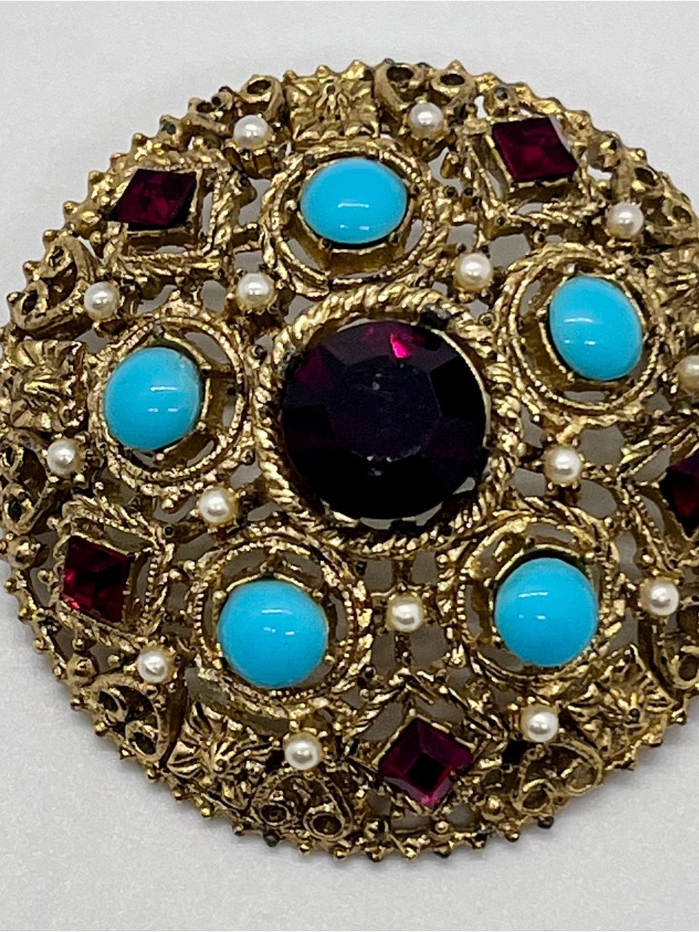 Vintage 1970s Etruscan Revival Faux Turquoise Pearl Amethyst Dome Brooch Pin